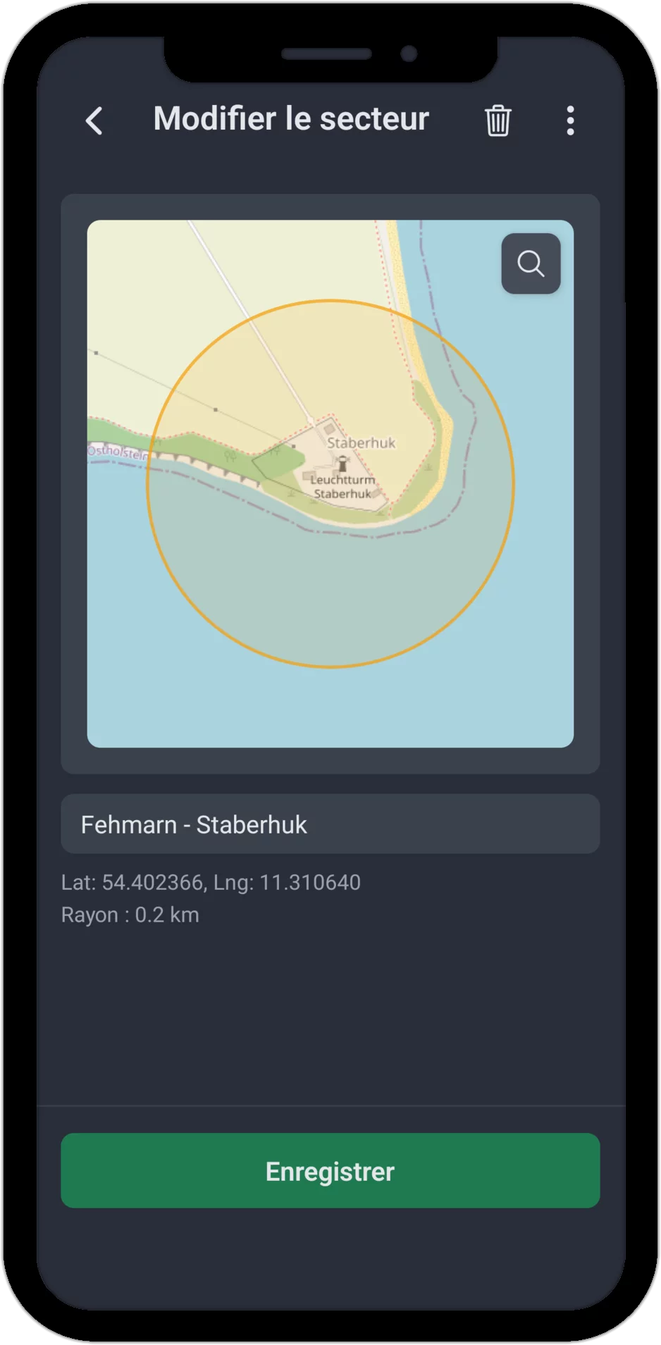 Capture d'écran : modifier le secteur avec extrait de carte, cercle de rayon et recherche de lieu