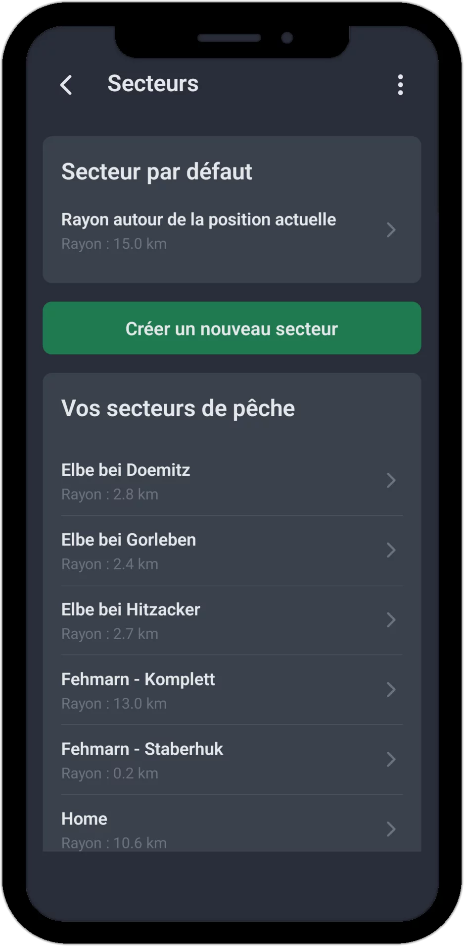 Capture d'écran : liste des secteurs de pêche avec rayon et secteur par défaut