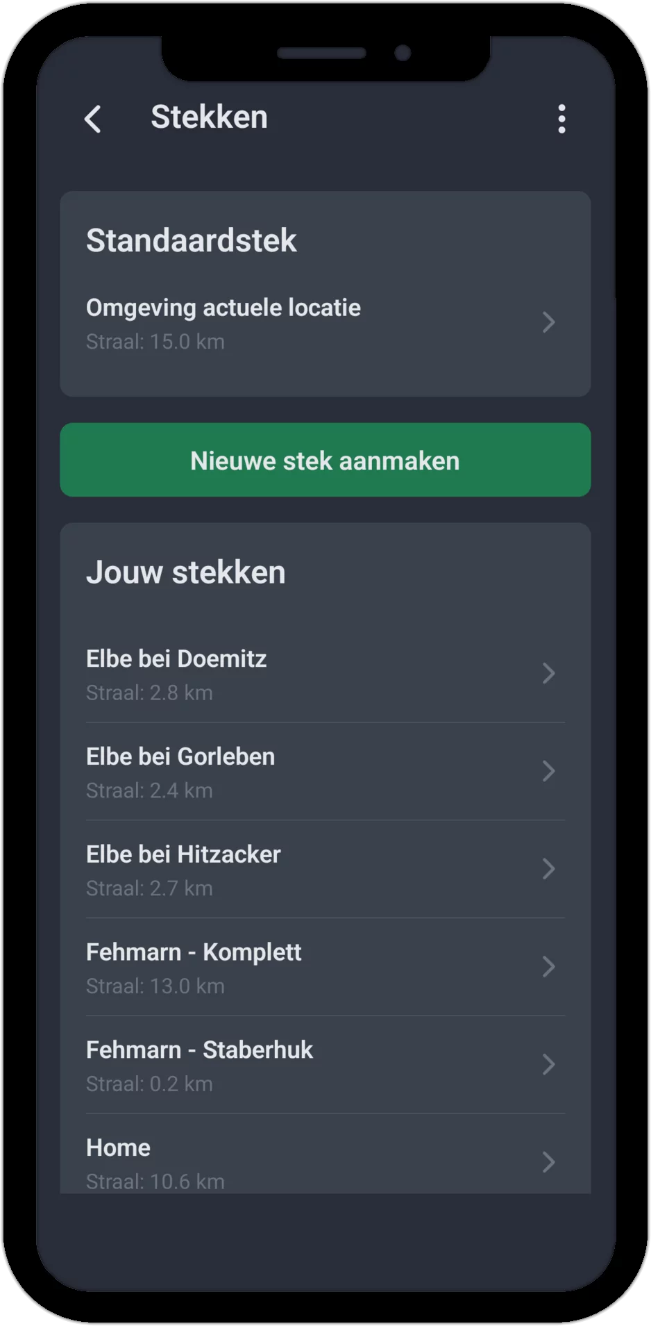 Screenshot: lijst met alle visstekken inclusief straal en standaardstek