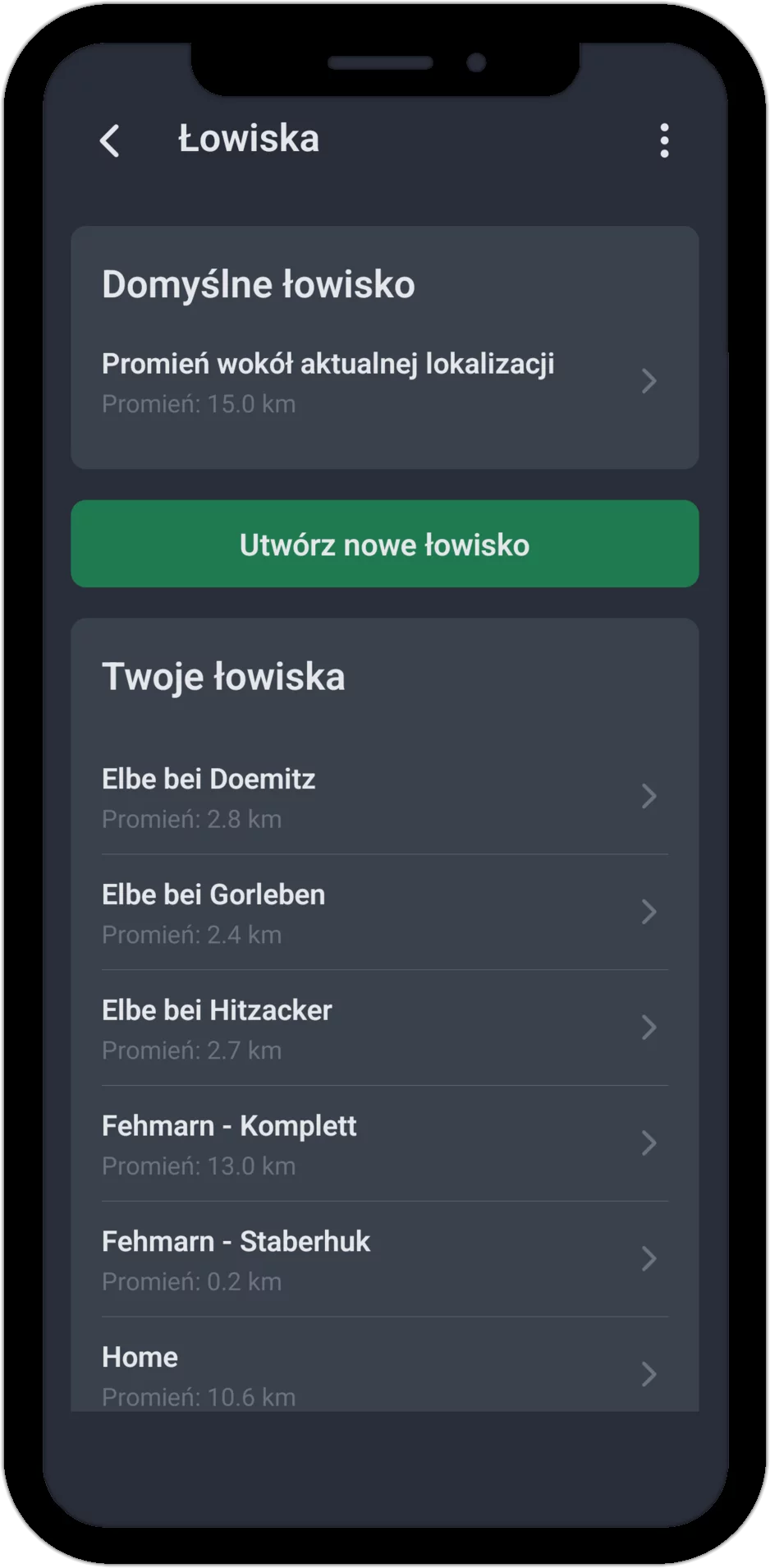 Zrzut ekranu: lista wszystkich łowisk z promieniem i domyślnym łowiskiem