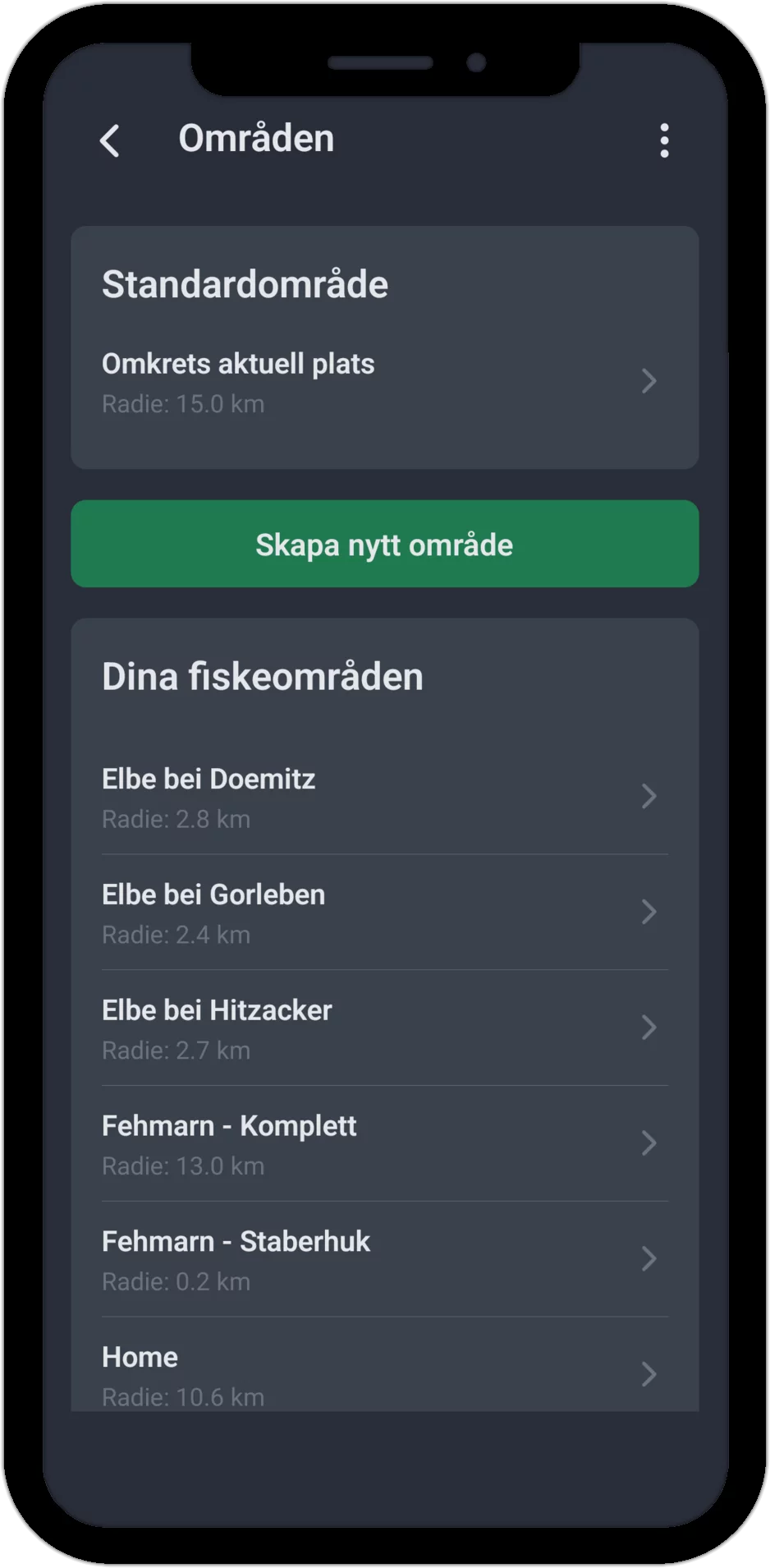 Skärmbild: Lista över alla fiskeområden med radie och standardområde