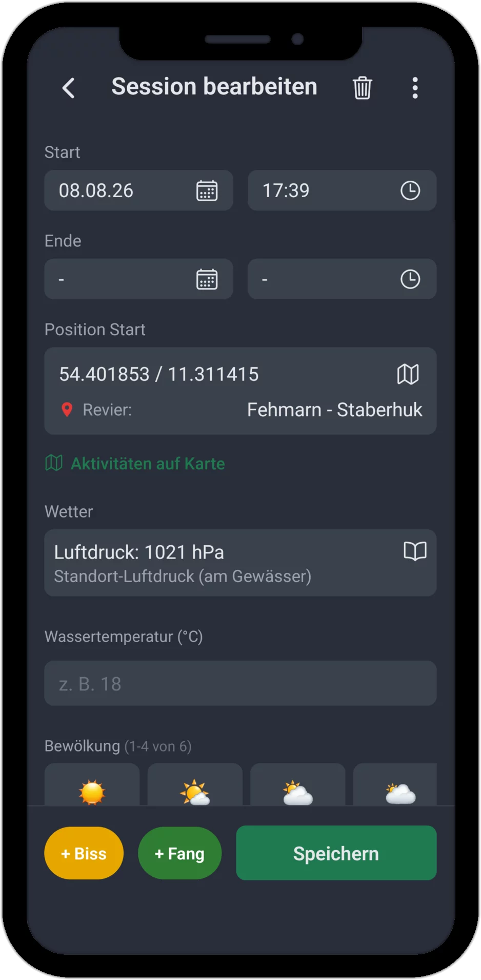 Screenshot: Session-Erfassung mit Zeit, Ort, Wetter und Wassertemperatur