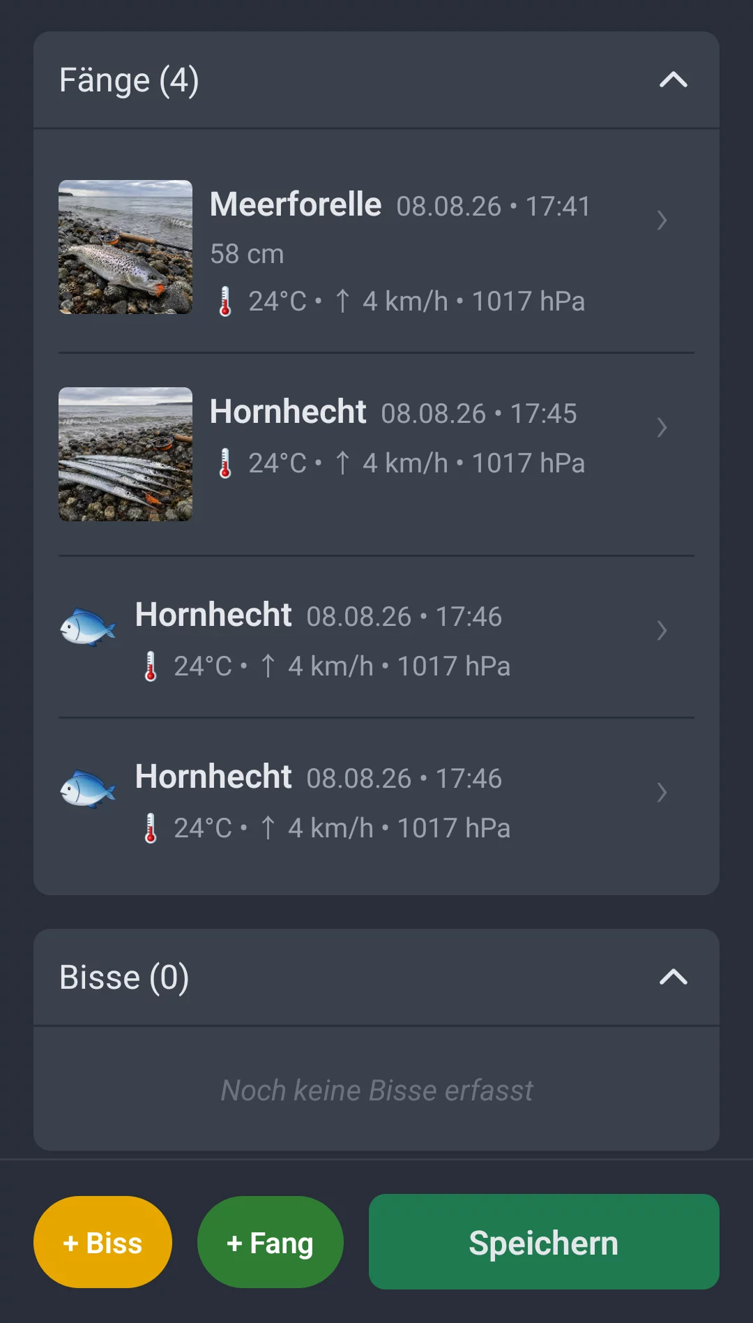 Screenshot: Fänge und Bisse in der Session