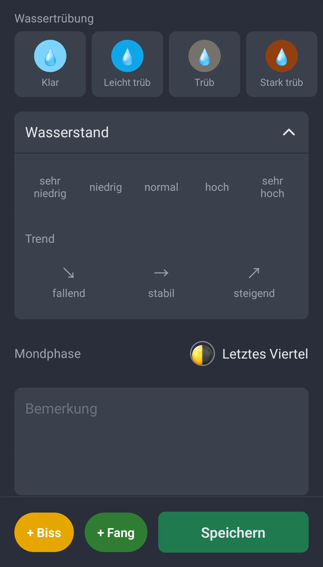 Screenshot: Wassertrübung, Wasserstand und Mondphase in der Session-Erfassung
