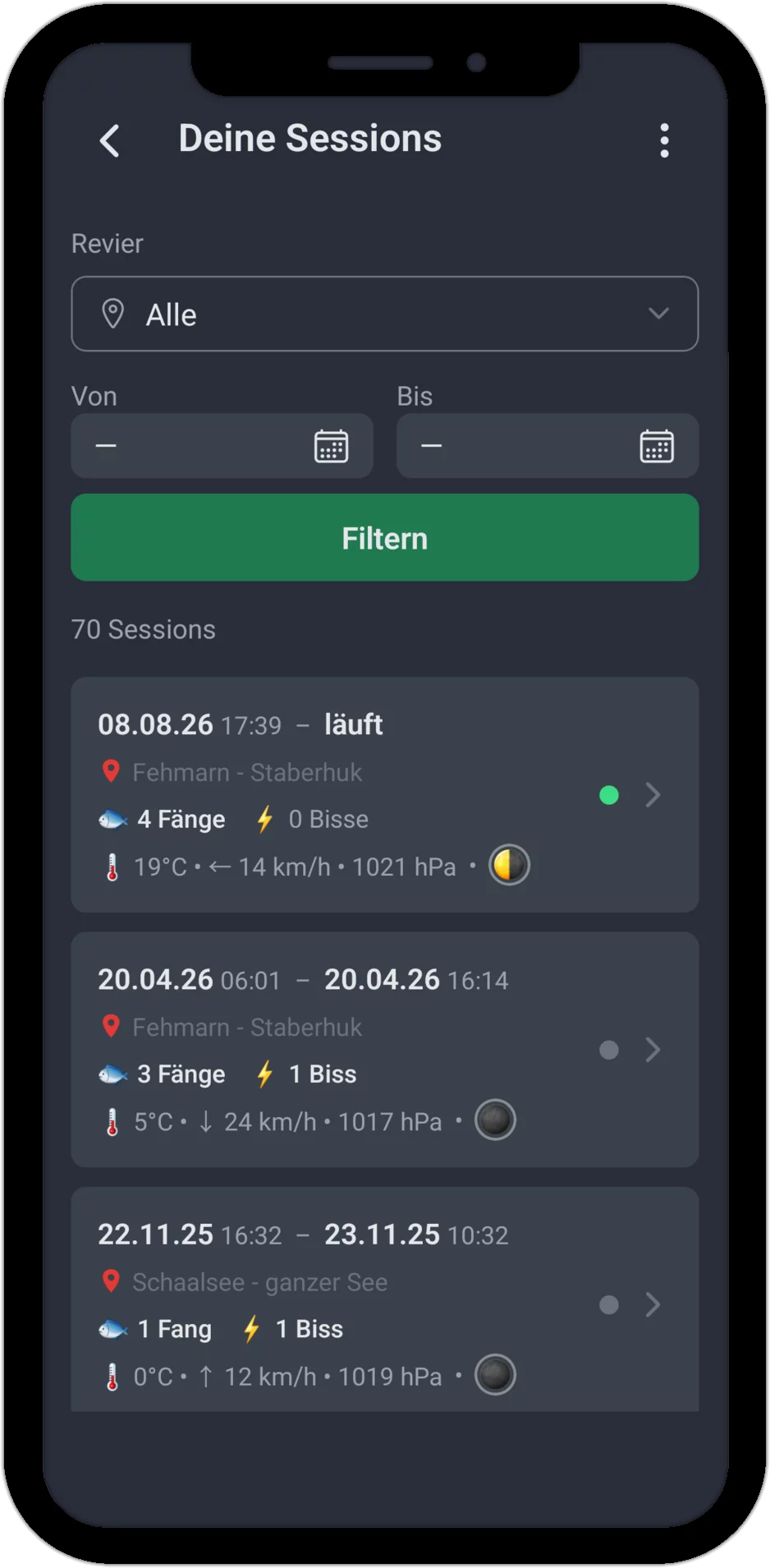 Screenshot: Sessionverwaltung mit Revierfilter, Zeitraumfilter und Sessionliste