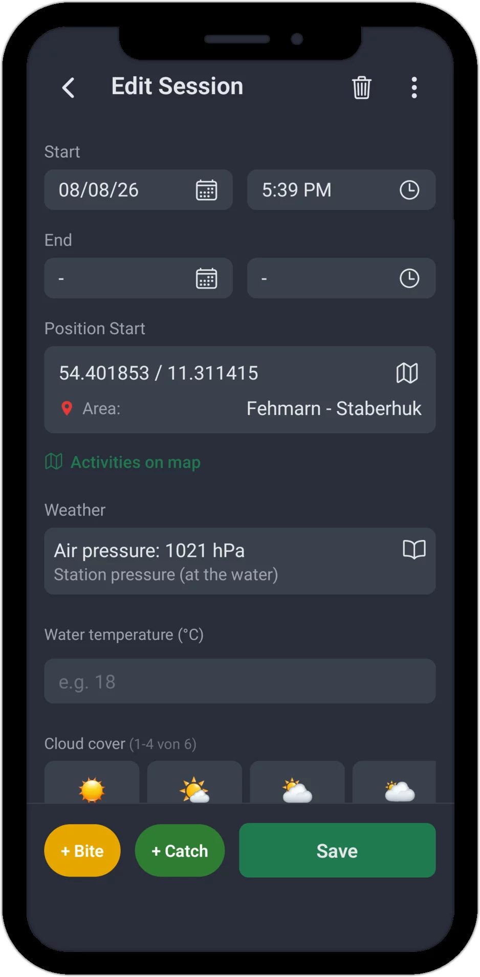 Screenshot: Session recording with time, location, weather and water temperature