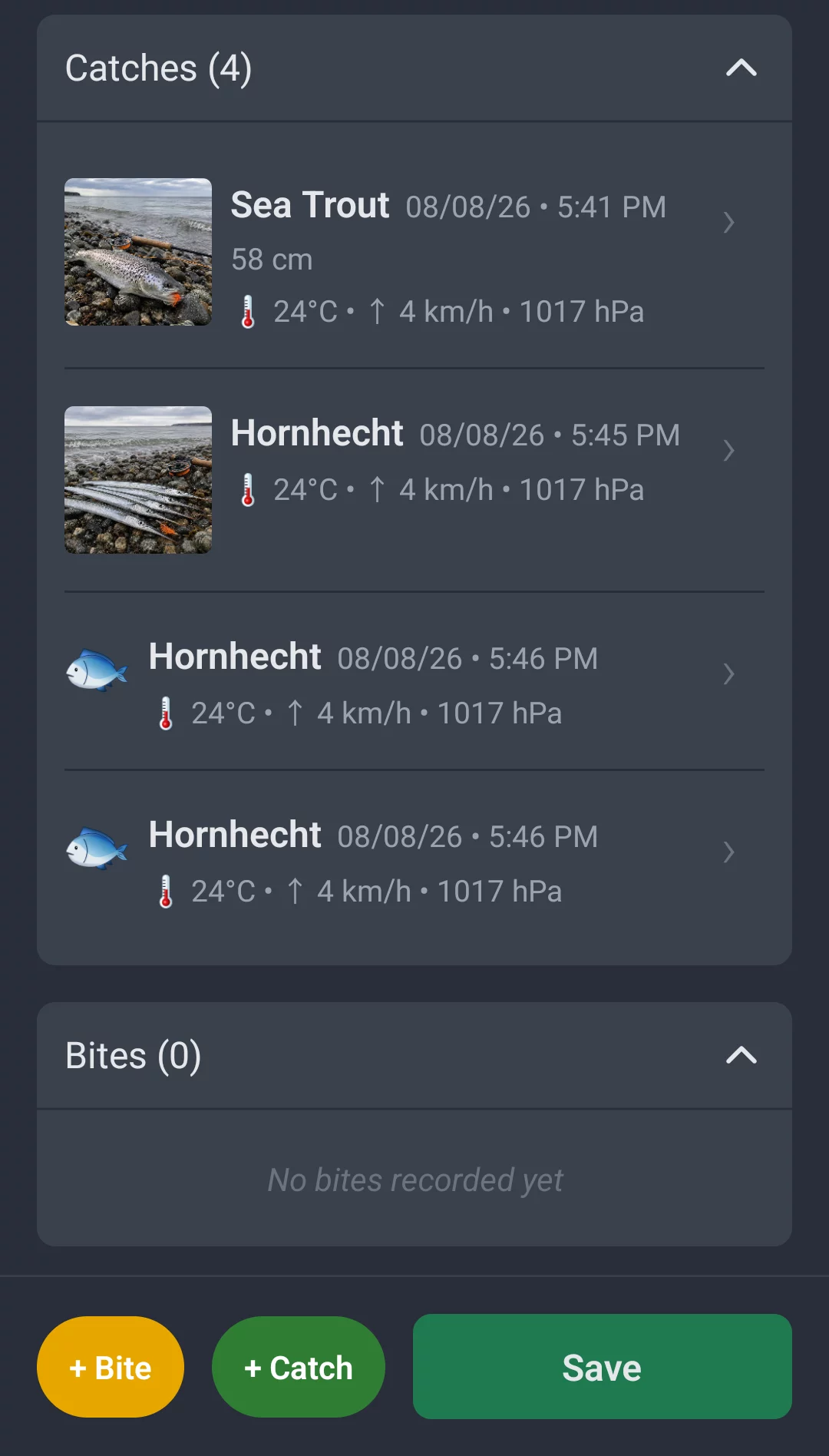 Screenshot: Catches and bites in the session