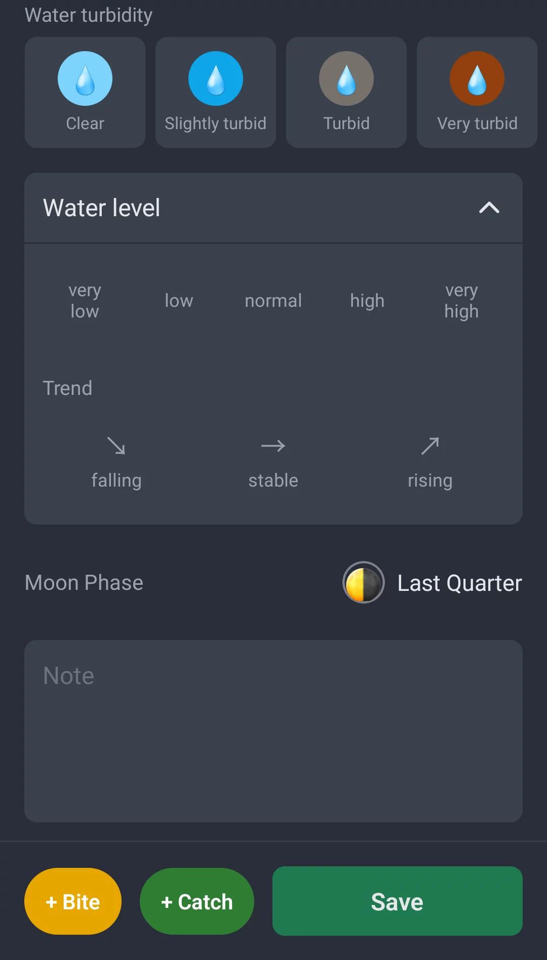 Screenshot: Water turbidity, water level and moon phase in session recording
