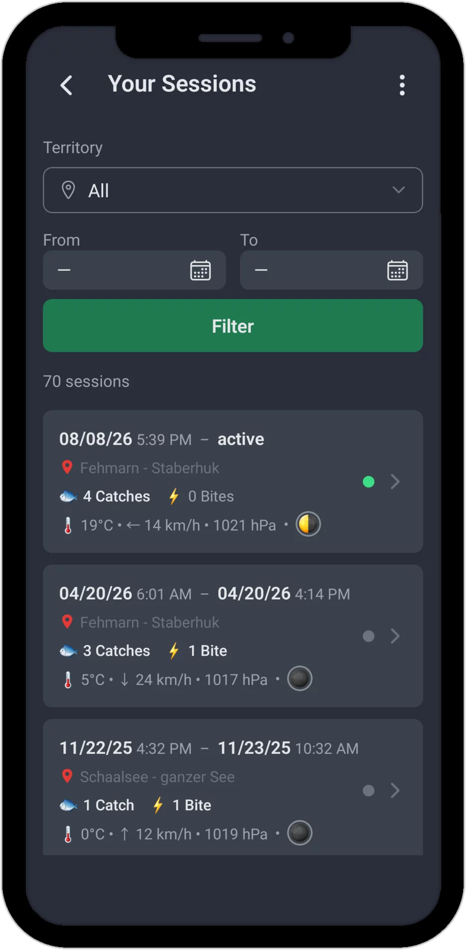 Screenshot: Session management with territory filter, date range filter and session list