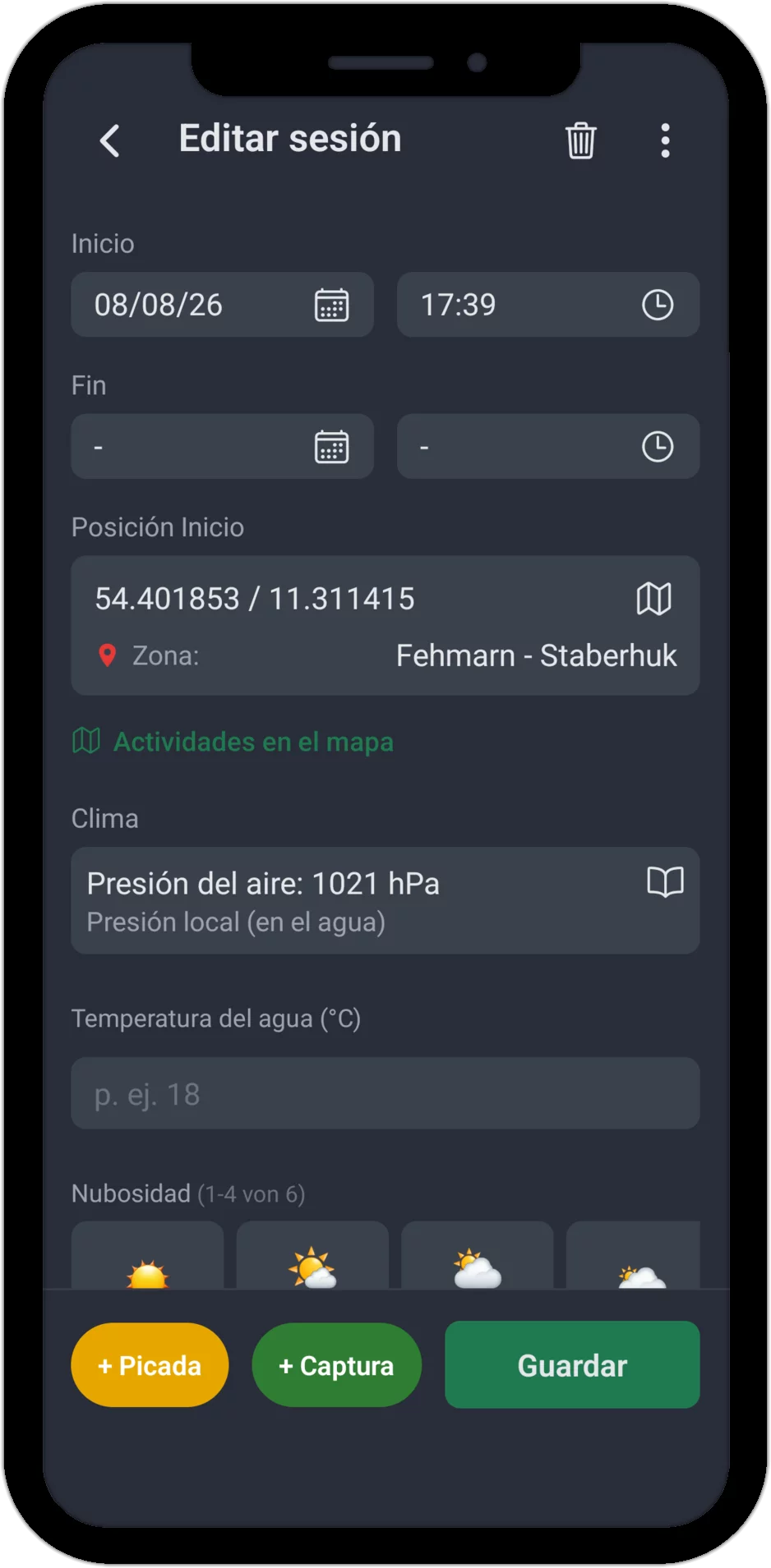 Captura de pantalla: Registro de sesión con tiempo, ubicación, clima y temperatura del agua