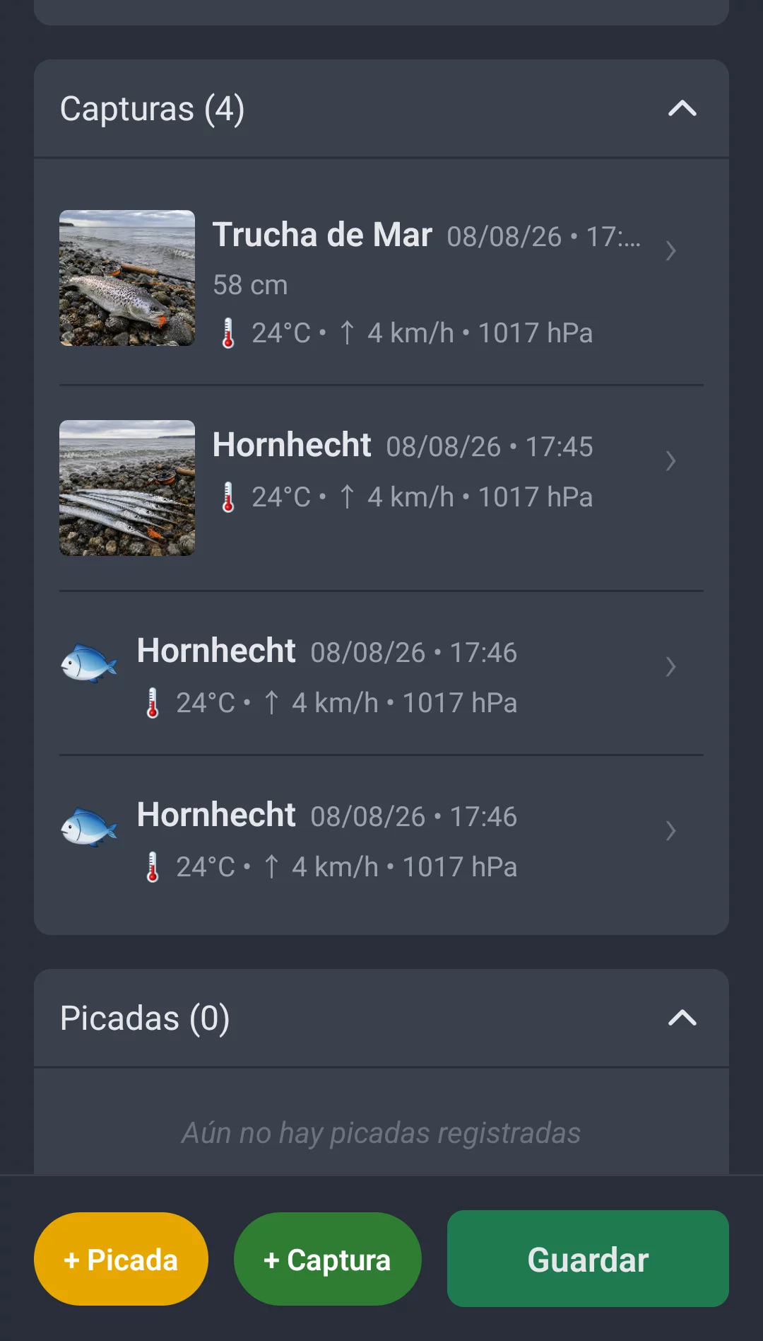 Captura de pantalla: Capturas y picadas en la sesion