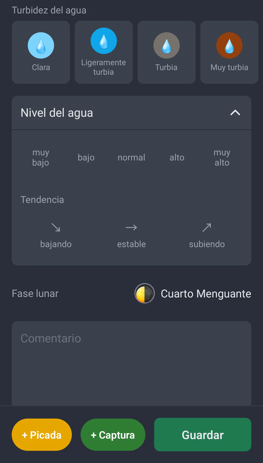 Captura de pantalla: Turbidez del agua, nivel del agua y fase lunar en el registro de sesión