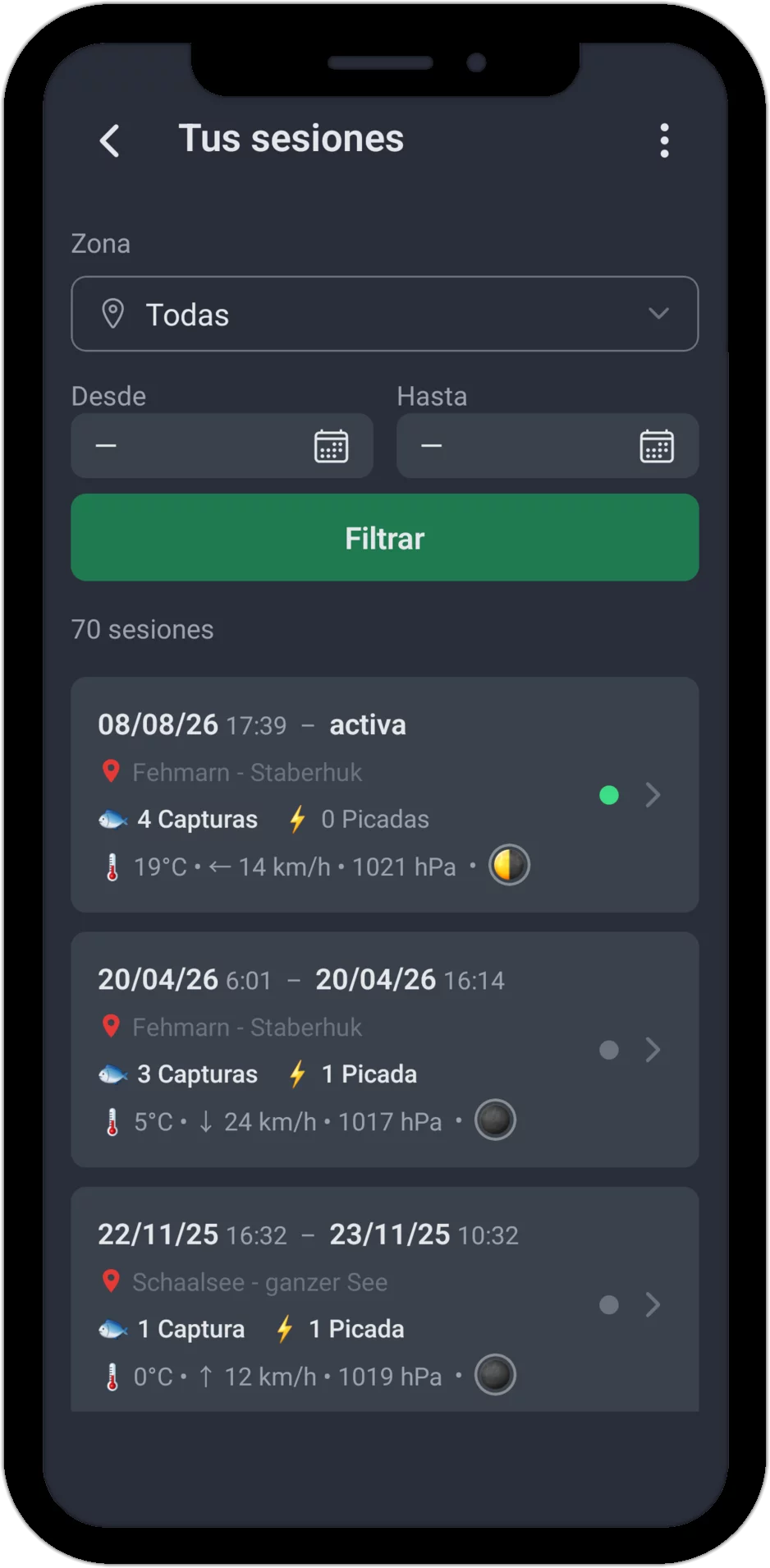 Captura de pantalla: Gestión de sesiones con filtro de zona, filtro de periodo y lista de sesiones