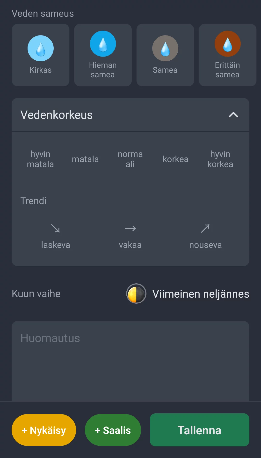 Kuvakaappaus: veden sameus, vedenkorkeus ja kuun vaihe reissun tallennuksessa