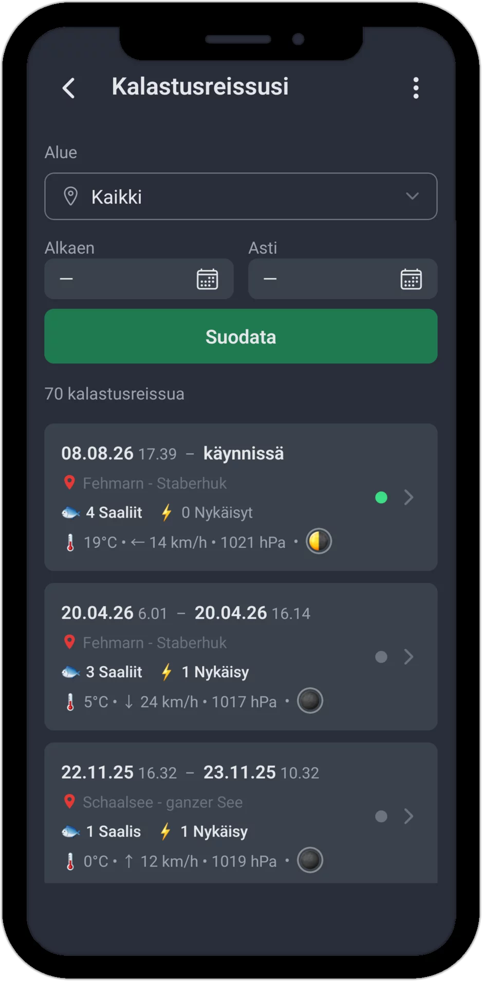 Kuvakaappaus: Reissujen hallinta vesialuesuodattimella, ajanjaksosuodattimella ja reissulistalla