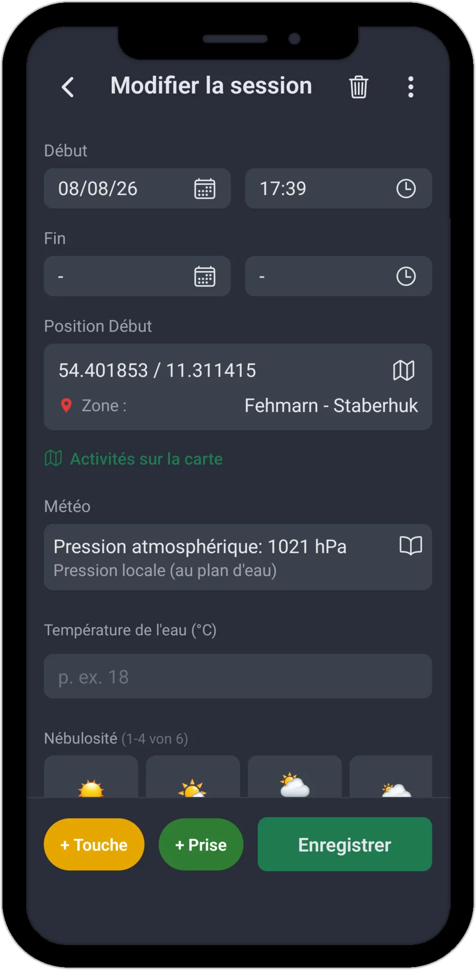 Capture d'écran : Enregistrement de session avec heure, localisation, météo et température de l'eau