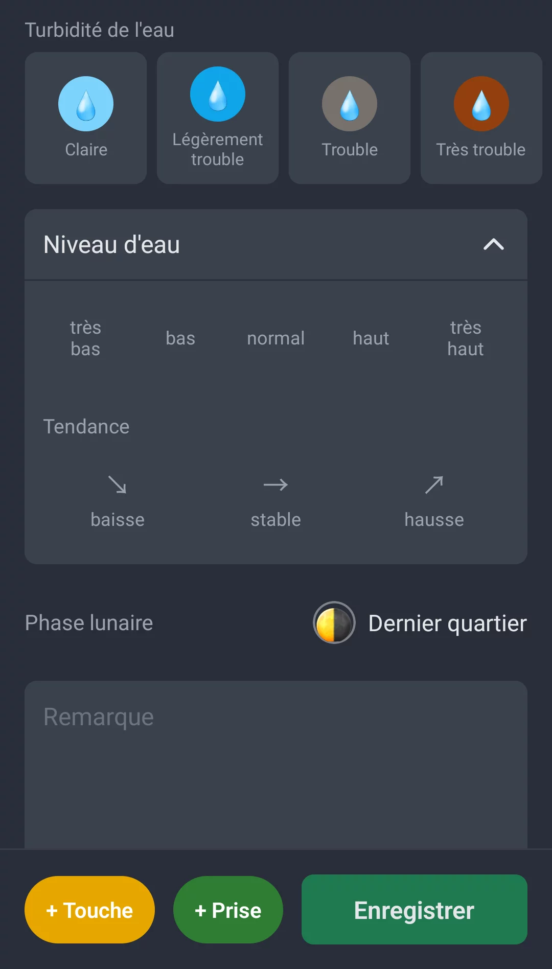 Capture d'écran : Turbidité de l'eau, niveau d'eau et phase lunaire dans l'enregistrement de session