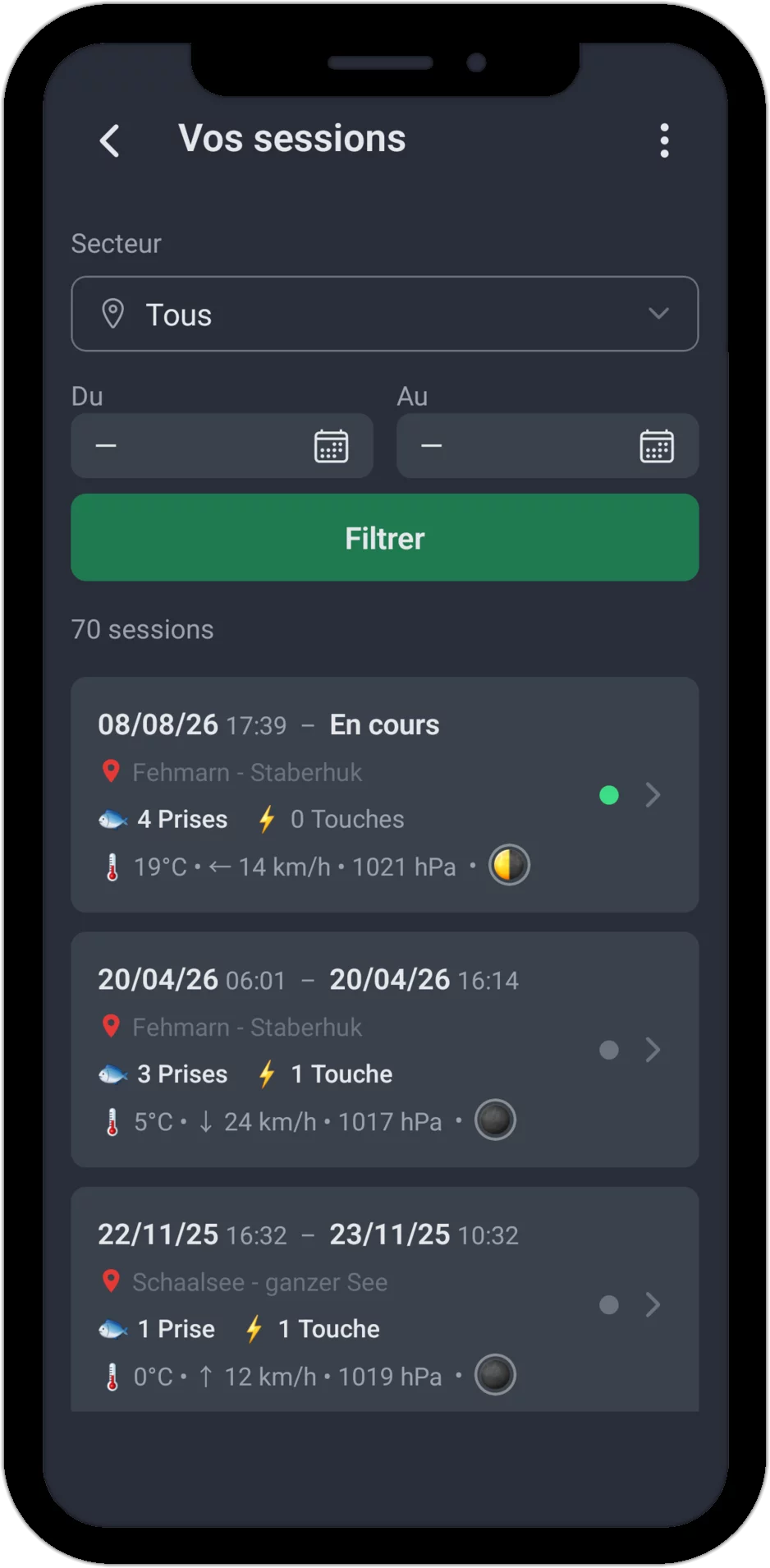 Capture d'écran : Gestion des sessions avec filtre par territoire, filtre par période et liste des sessions