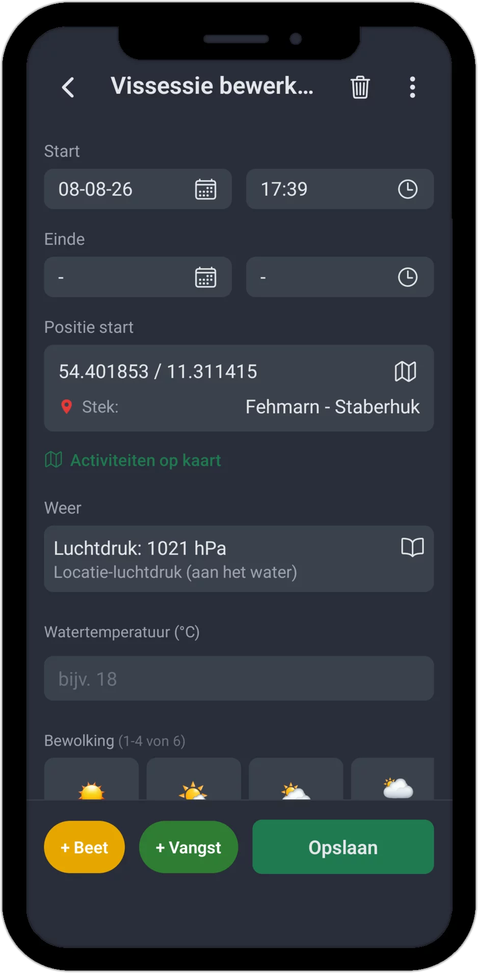 Screenshot: sessie vastleggen met tijd, locatie, weer en watertemperatuur