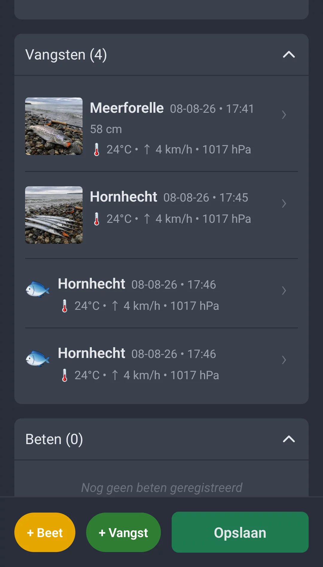Screenshot: vangsten en beten in de sessie