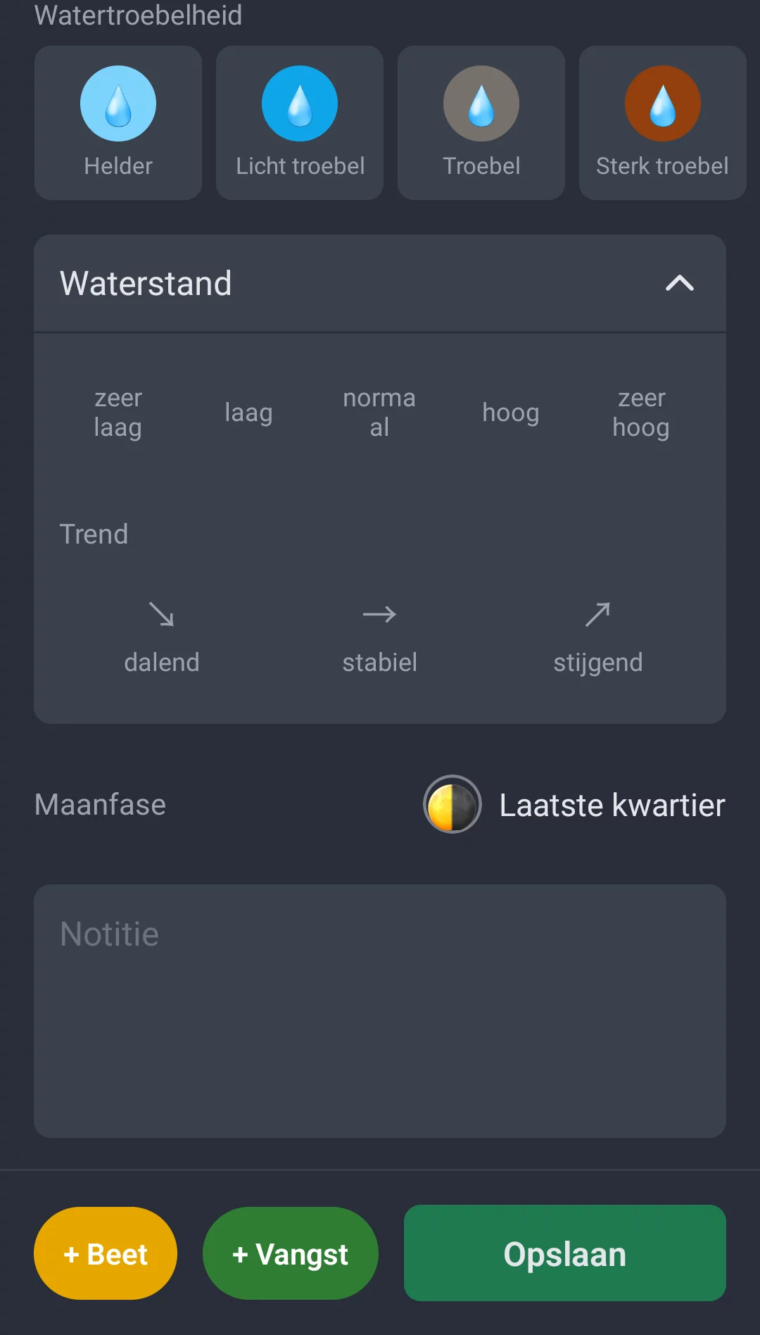 Screenshot: watertroebelheid, waterstand en maanfase bij het vastleggen van een sessie
