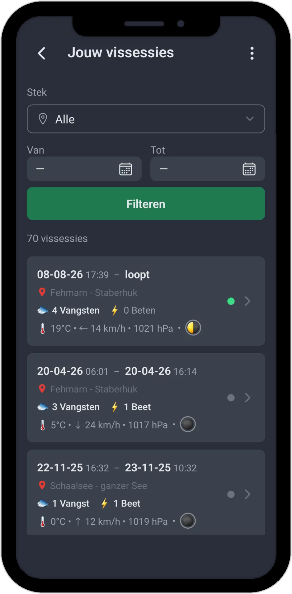 Screenshot: Sessiebeheer met viswaterfilter, periodefilter en sessielijst