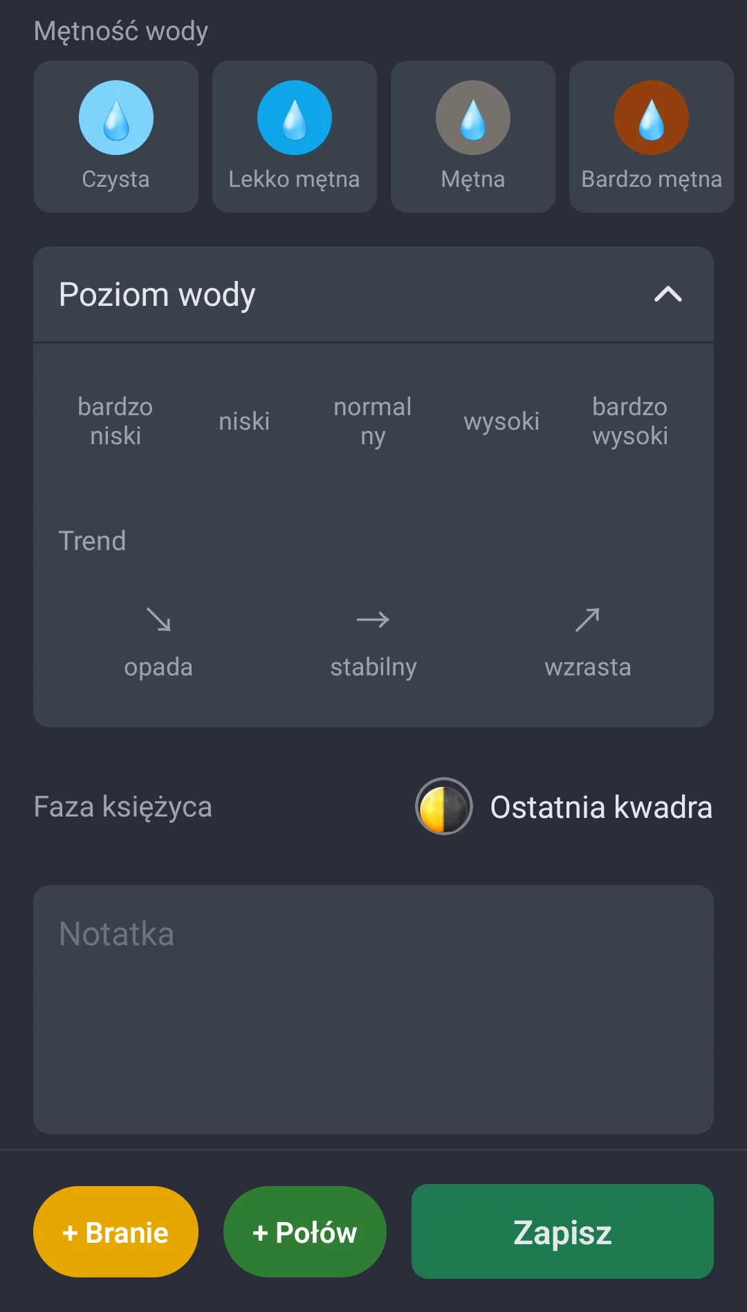 Zrzut ekranu: Mętność wody, poziom wody i faza księżyca przy zapisywaniu sesji