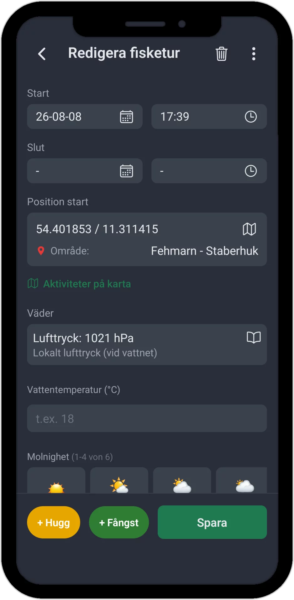 Skärmbild: Sessionsregistrering med tid, plats, väder och vattentemperatur