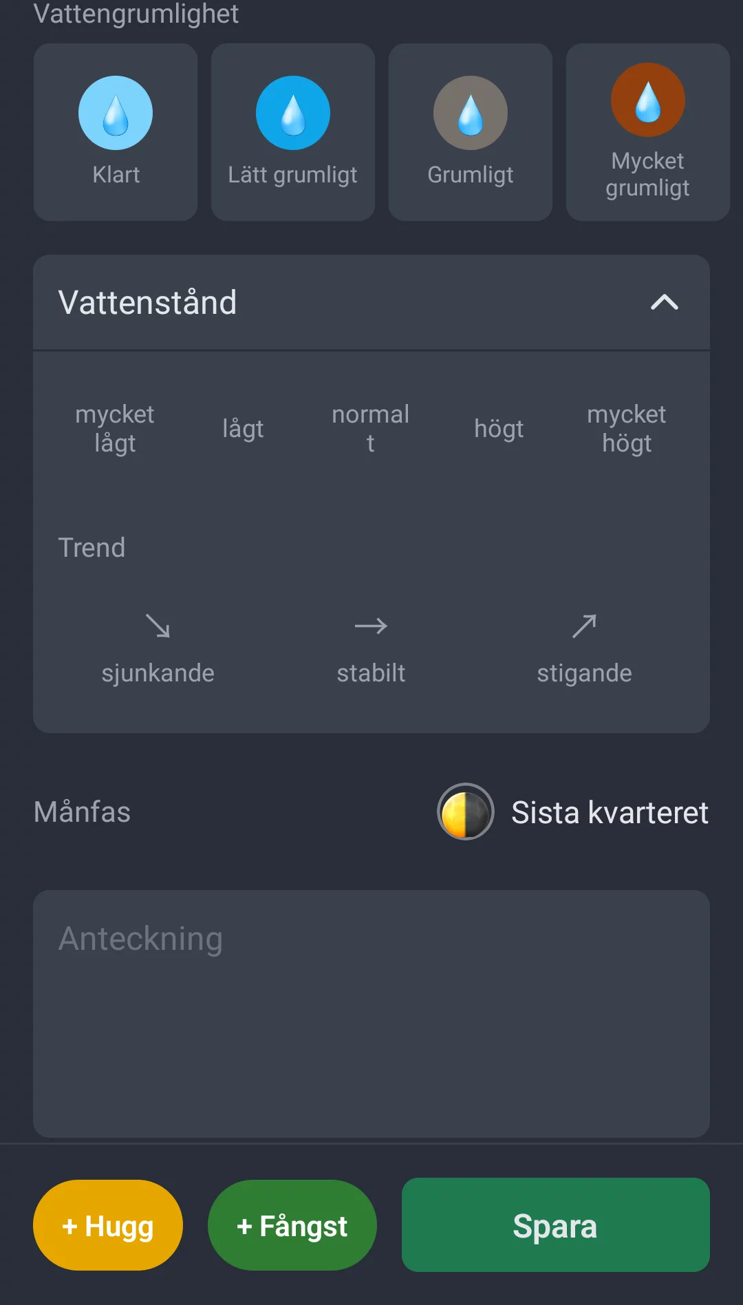 Skärmbild: Vattengrumlighet, vattenstånd och månfas vid sessionsregistrering