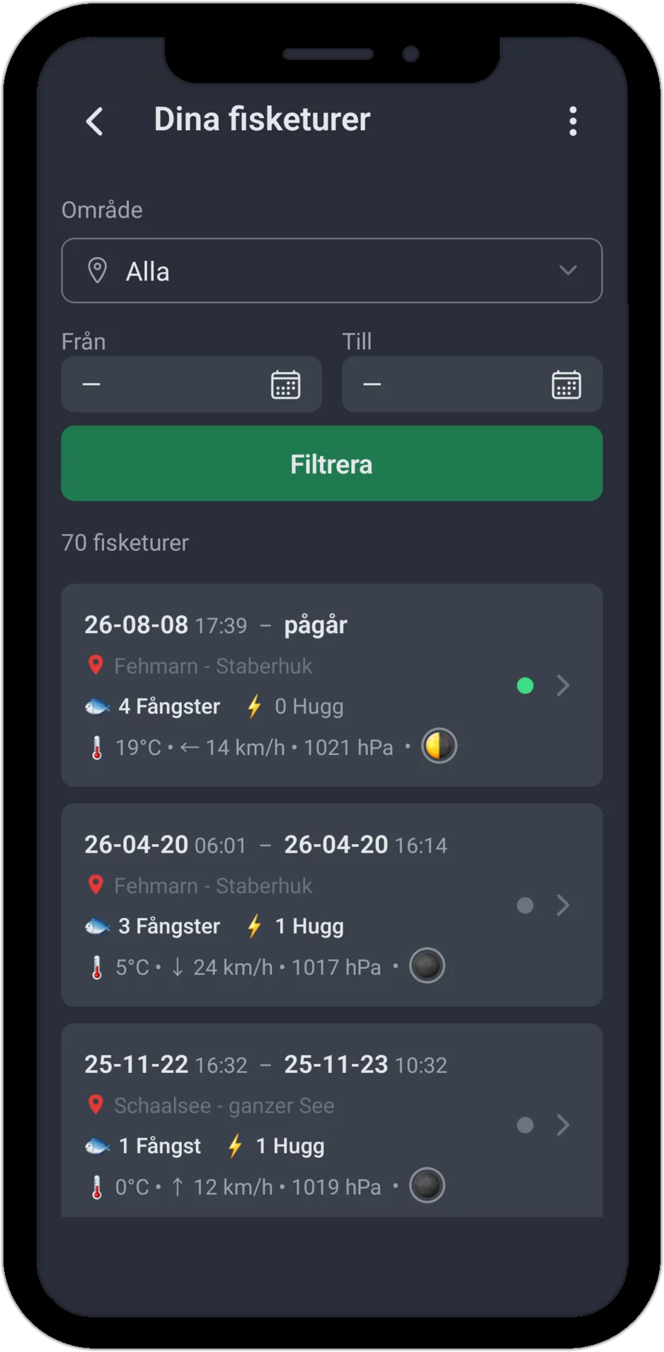 Skärmbild: Sessionshantering med filter för fiskevatten, filter för tidsperiod och sessionslista