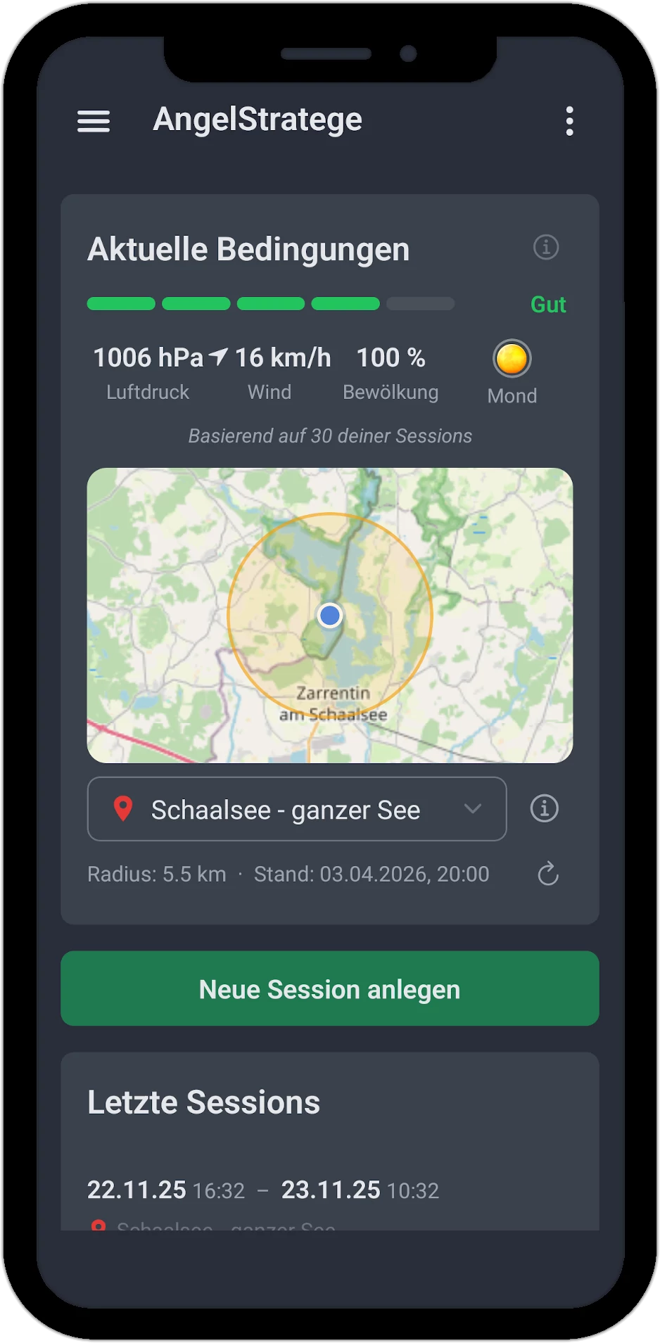 AngelStratege App – Aktuelle Bedingungen mit Wetterbewertung und Revierkarte