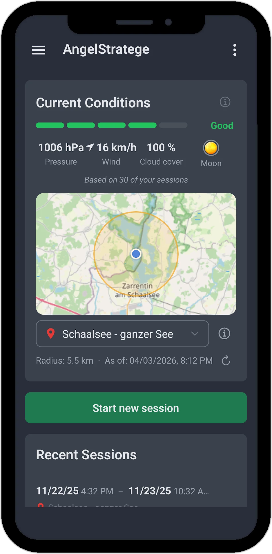 AngelStratege App – Current Conditions with weather rating and fishing spot map