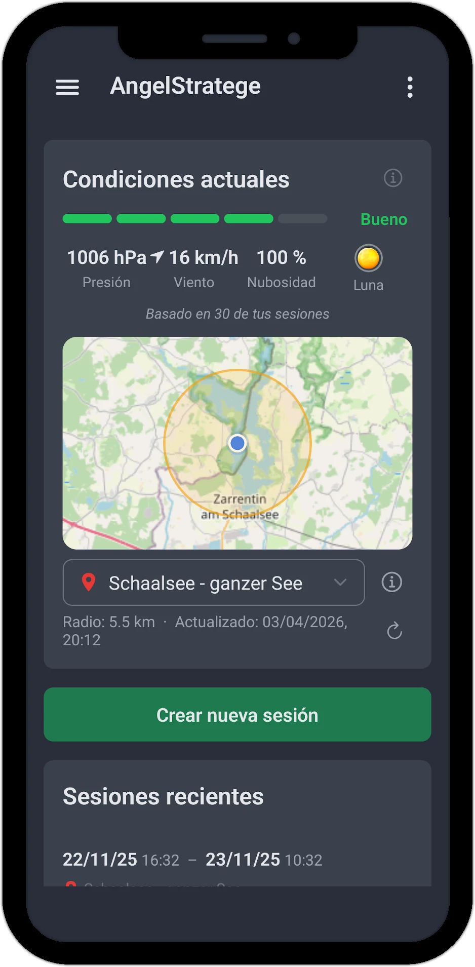 AngelStratege App – Condiciones actuales con valoración meteorológica y mapa de zona de pesca