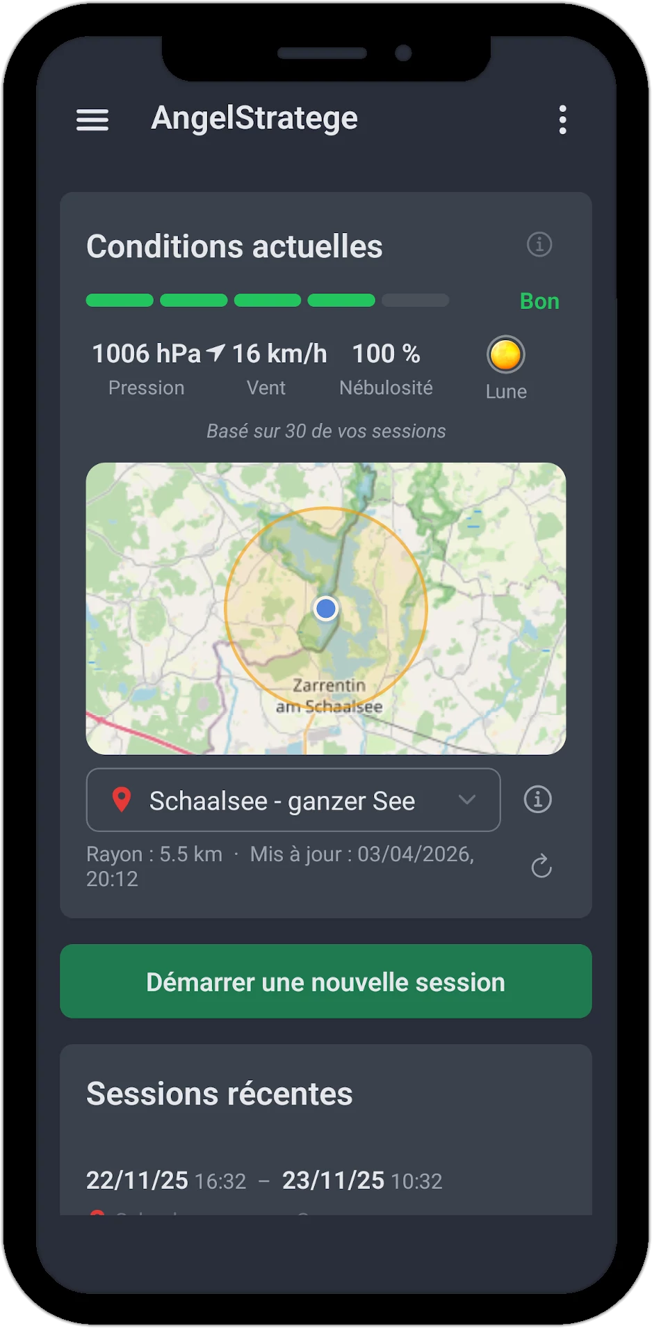 AngelStratege App – Conditions actuelles avec évaluation météo et carte du spot de pêche