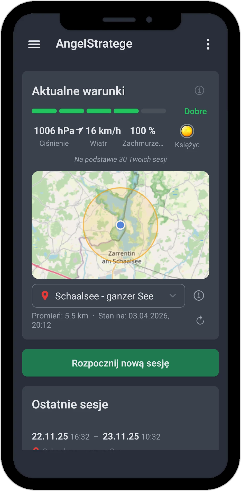AngelStratege App – Aktualne warunki z oceną pogody i mapą łowiska