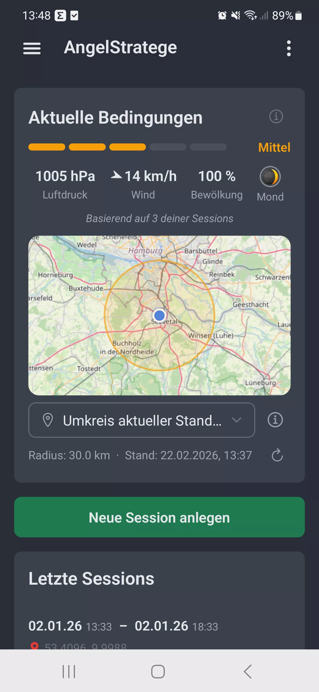 Screenshot: Aktuelle Bedingungen in AngelStratege