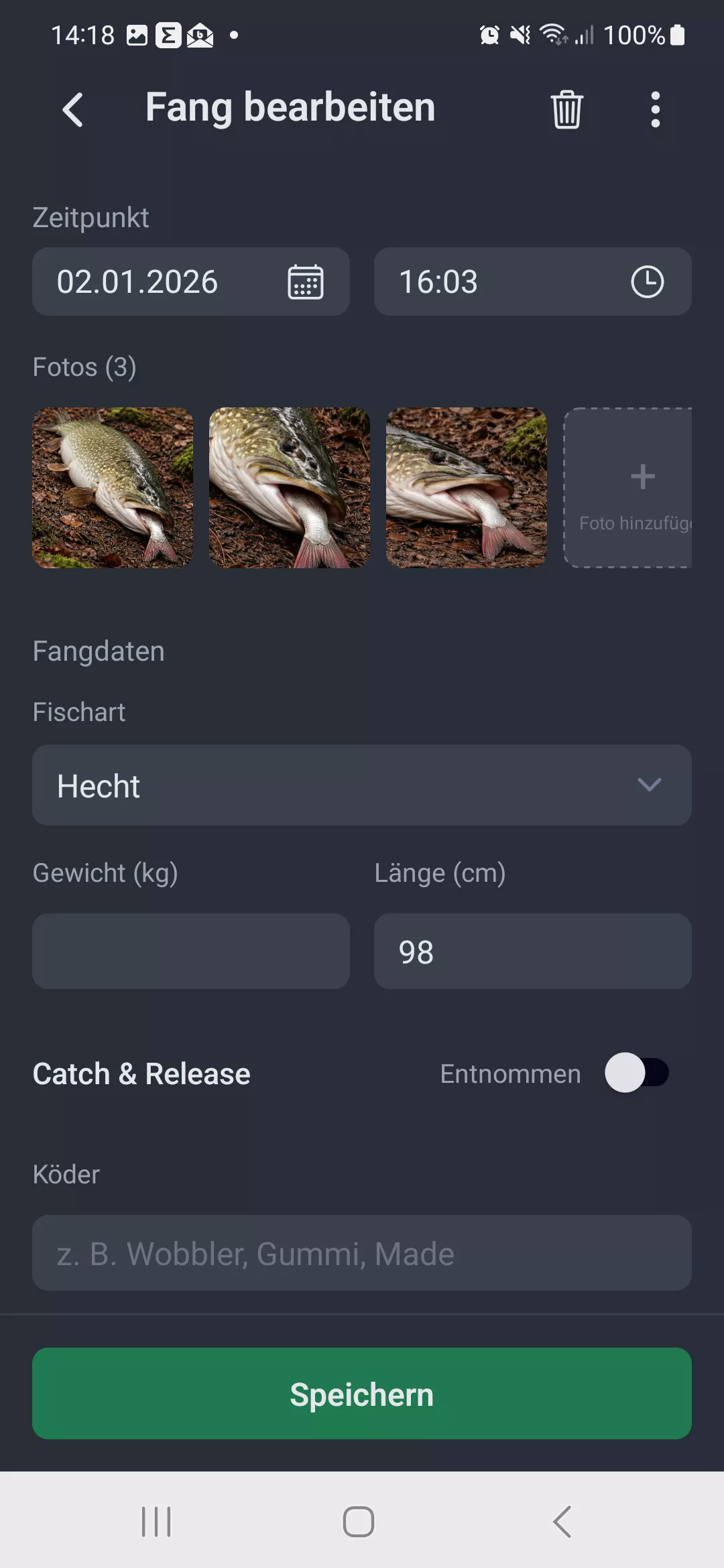 Screenshot: Fang erfassen