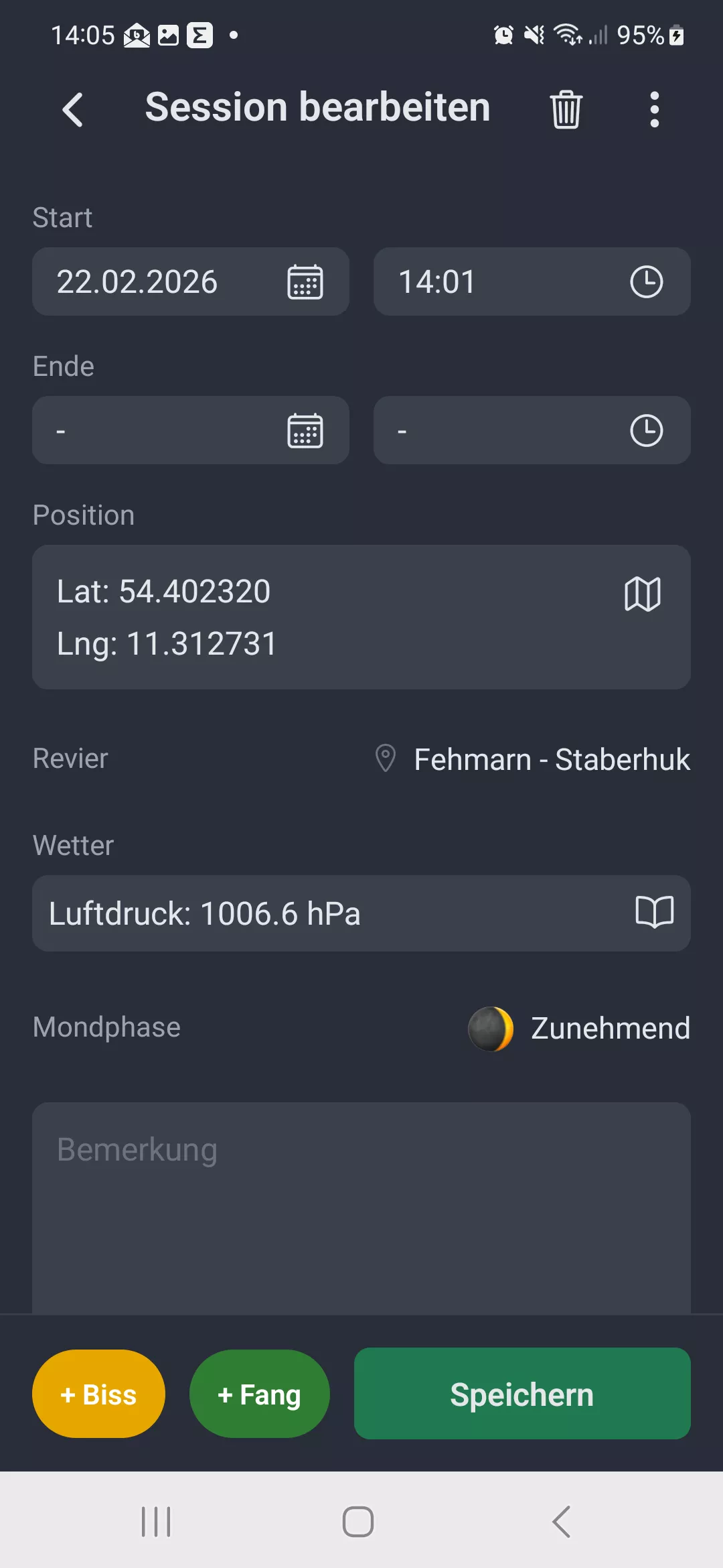 Screenshot: Session-Erfassung