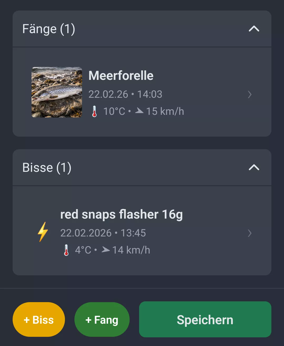 Screenshot: Fänge und Bisse in der Session