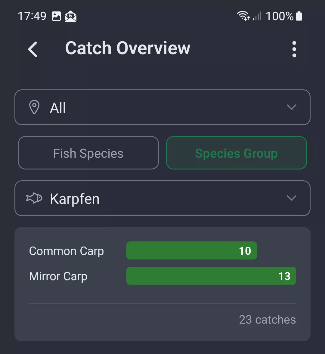 Screenshot: Catch evaluation by species group Carp