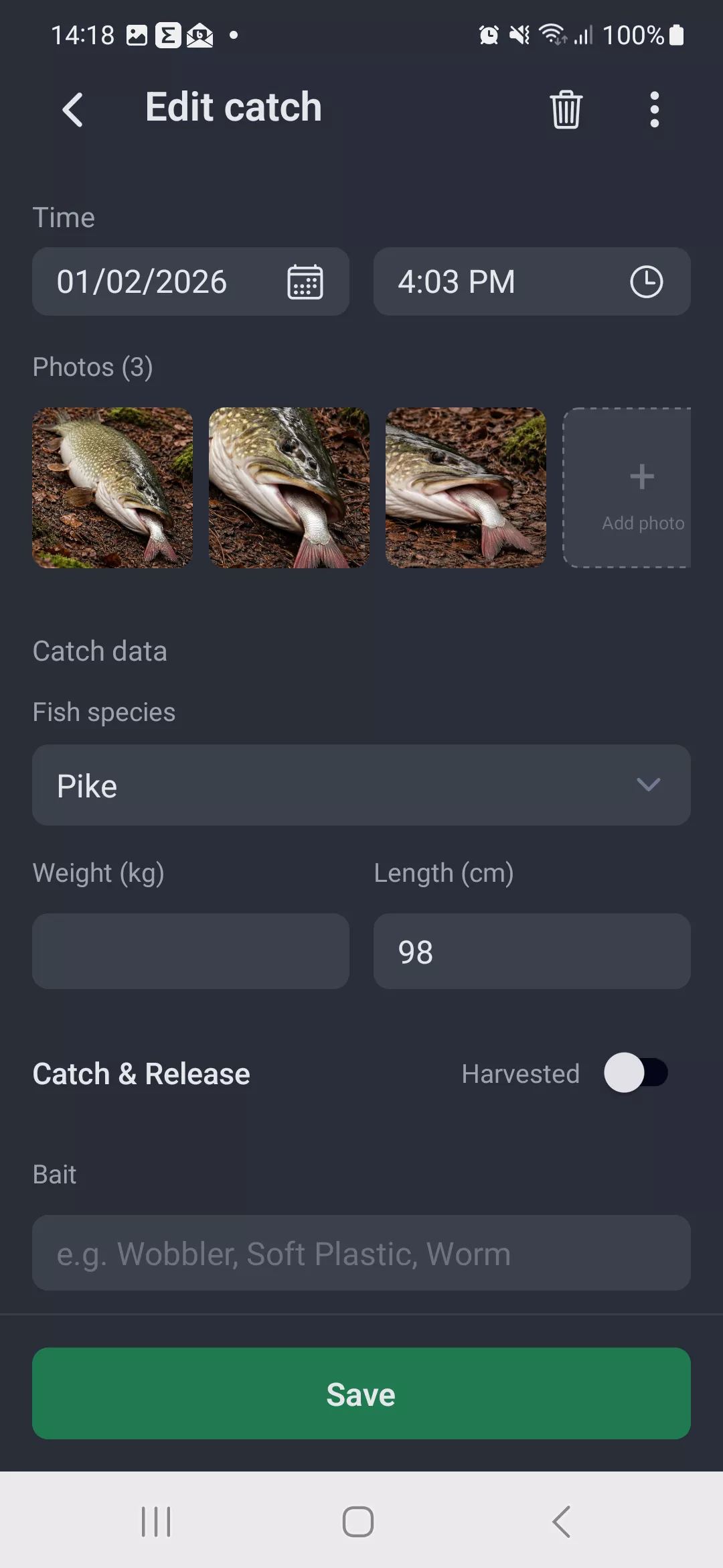 Screenshot: Recording a catch