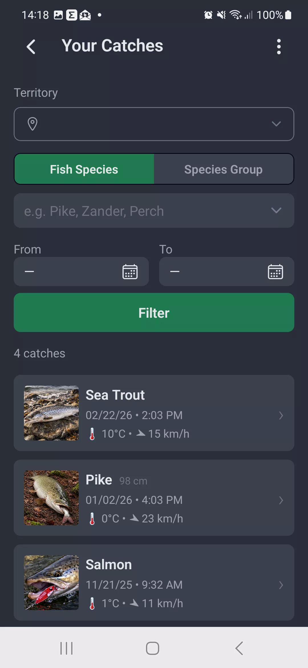Screenshot: Catch list