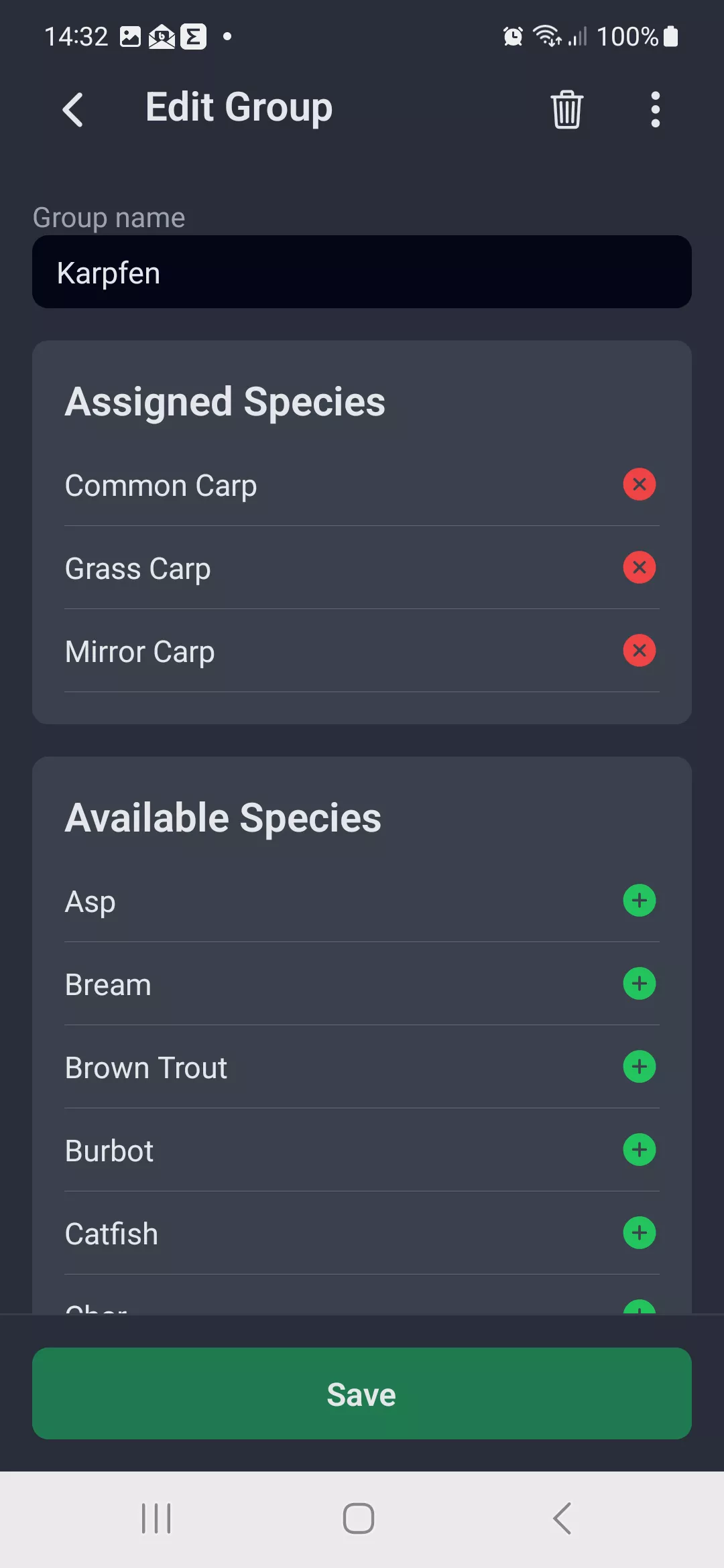 Screenshot: Edit species group