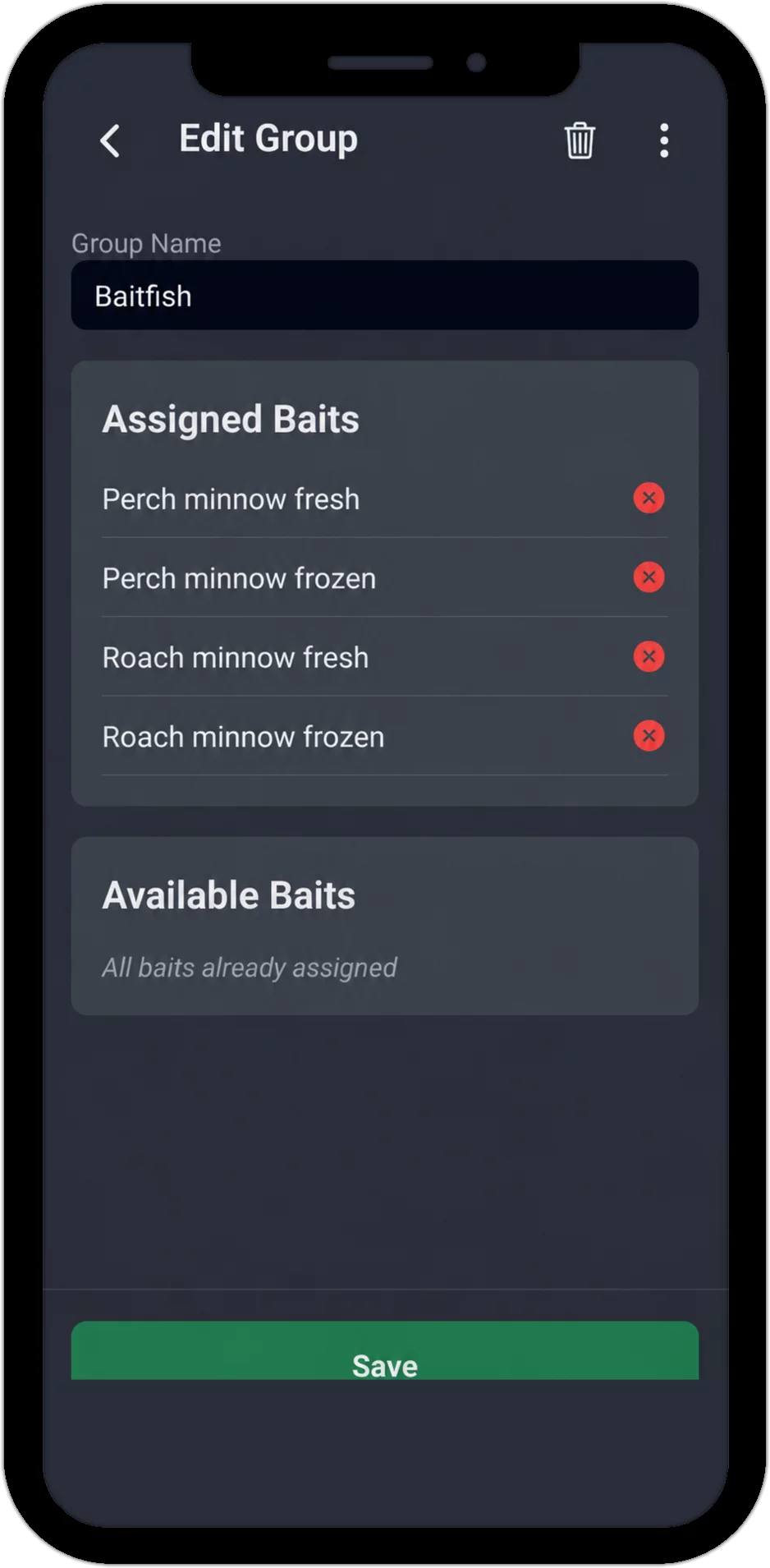 Screenshot: Edit bait group