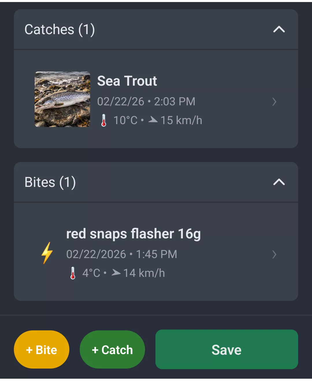 Screenshot: Catches and bites in the session
