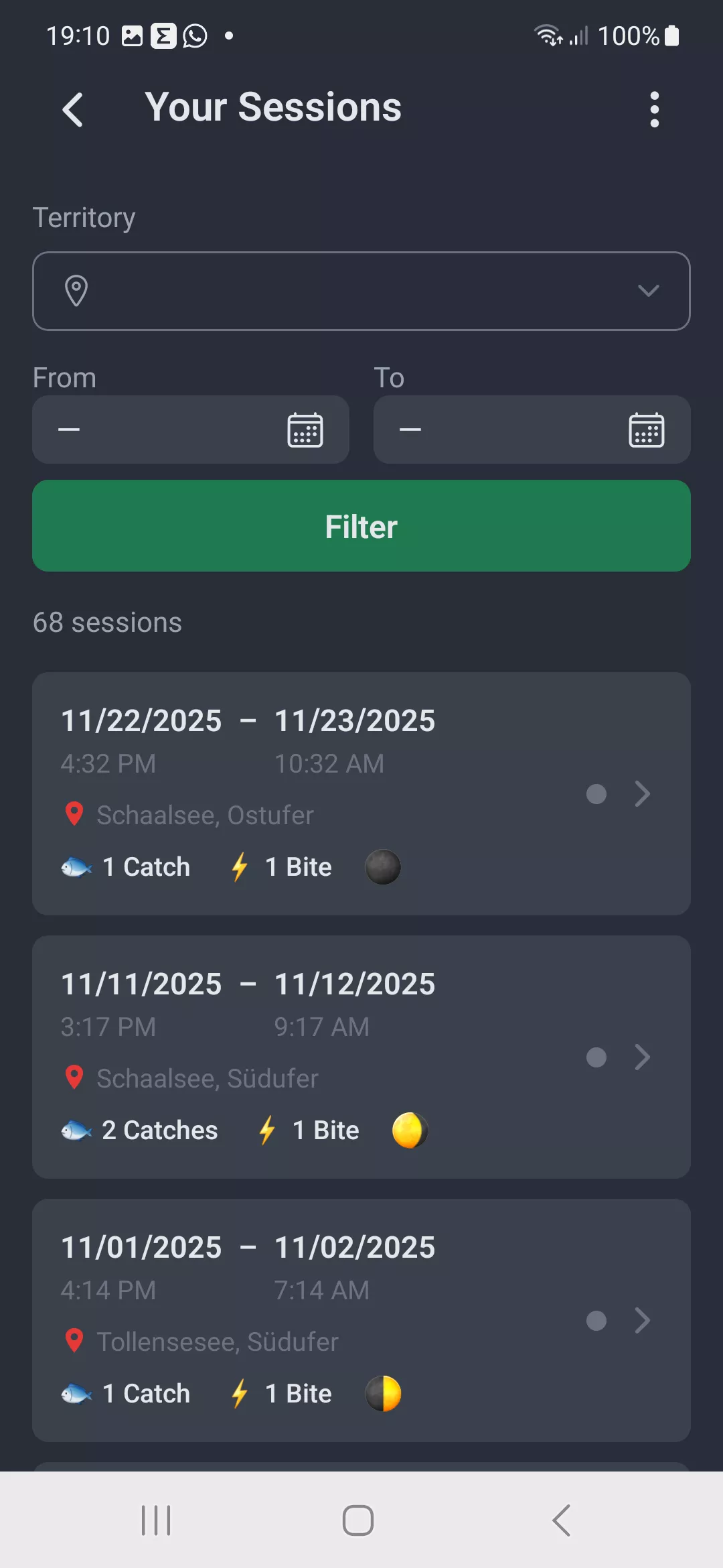 Screenshot: Session list