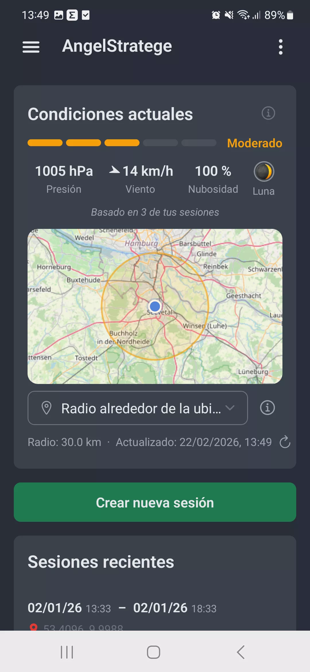 Captura de pantalla: Condiciones actuales en AngelStratege