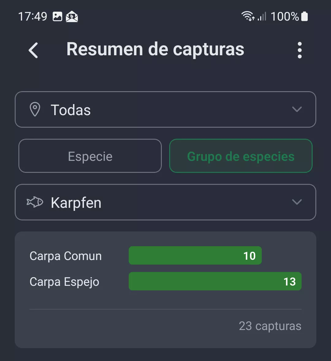 Captura de pantalla: Estadisticas de capturas por grupo de especies Carpa