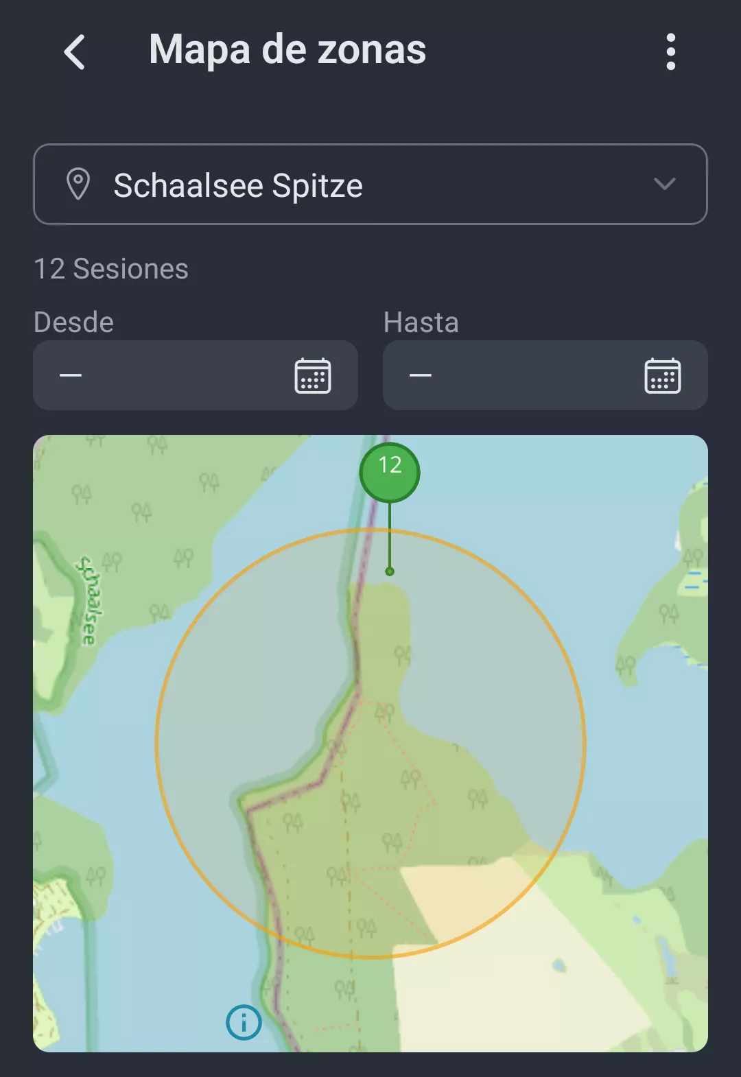 Captura de pantalla: Mapa de zonas con marcadores de sesion