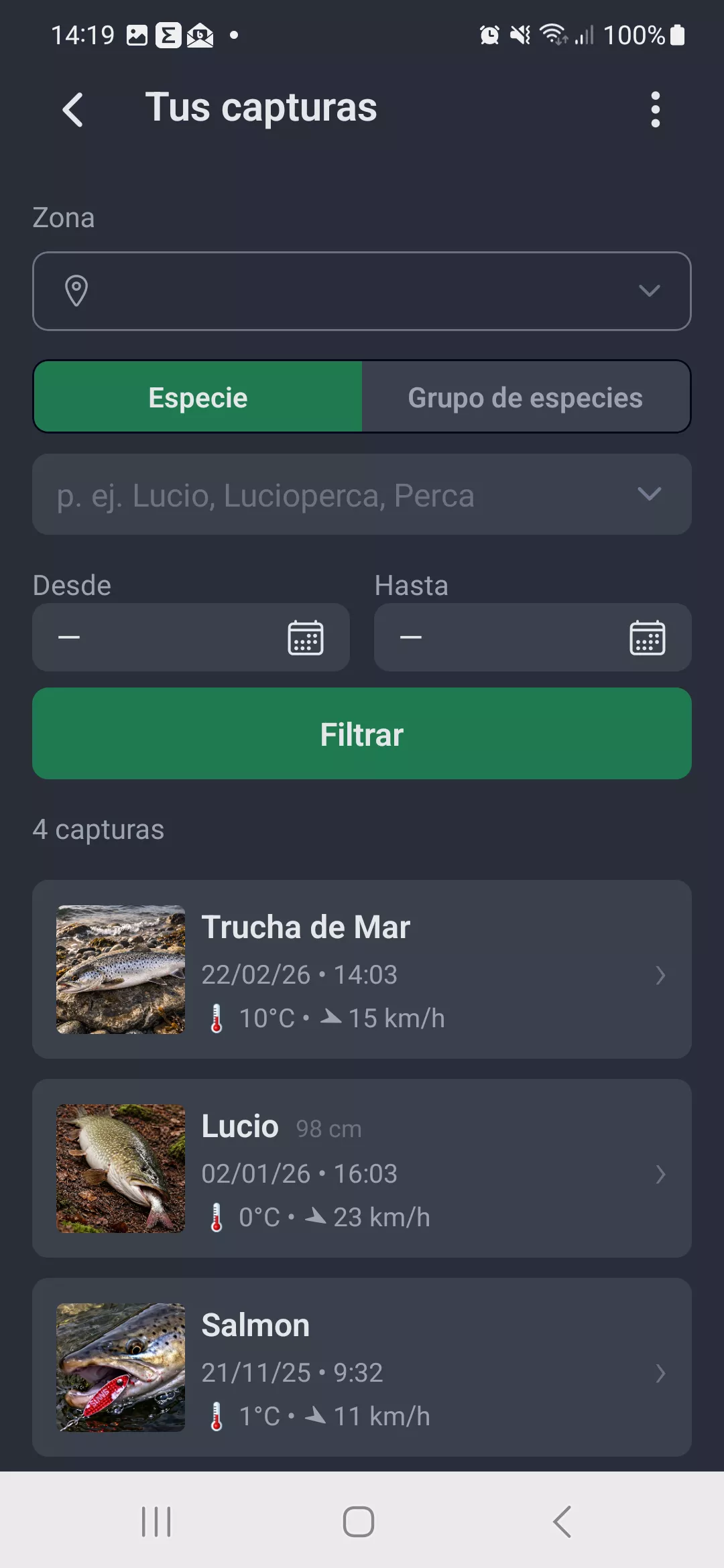 Captura de pantalla: Lista de capturas
